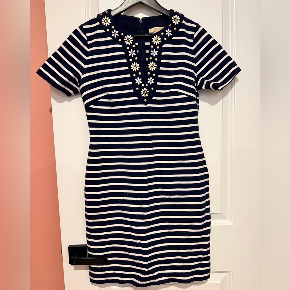 Michael Kors Navy and White Striped Embellished V-Neck Women's Dress